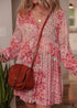 Pink Bohemian Floral Print Tassel Tie Long Sleeve Flowy Mini Dress